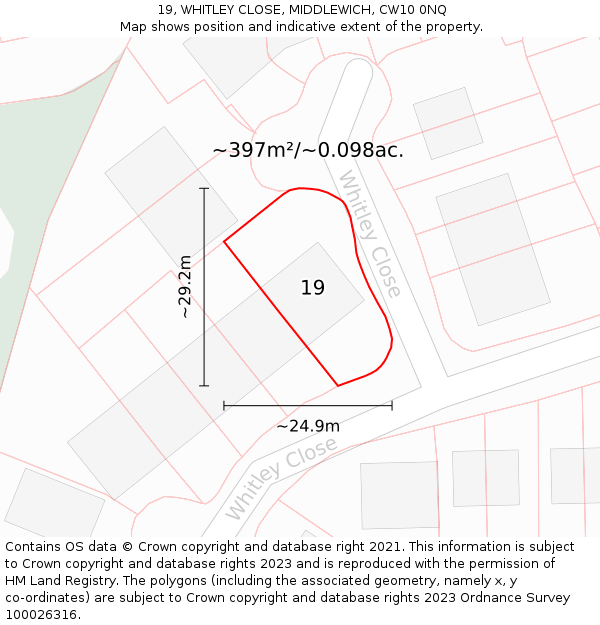 19, WHITLEY CLOSE, MIDDLEWICH, CW10 0NQ: Plot and title map