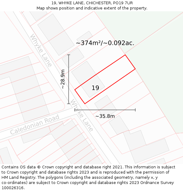 19, WHYKE LANE, CHICHESTER, PO19 7UR: Plot and title map