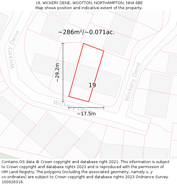 19, WICKERY DENE, WOOTTON, NORTHAMPTON, NN4 6BE: Plot and title map