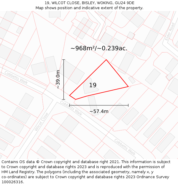 19, WILCOT CLOSE, BISLEY, WOKING, GU24 9DE: Plot and title map