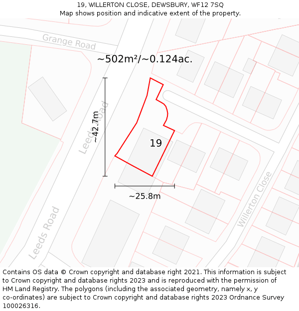 19, WILLERTON CLOSE, DEWSBURY, WF12 7SQ: Plot and title map
