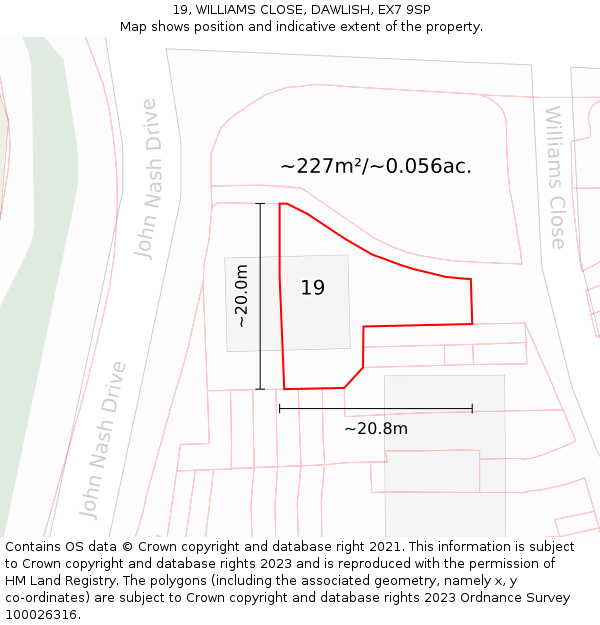 19, WILLIAMS CLOSE, DAWLISH, EX7 9SP: Plot and title map
