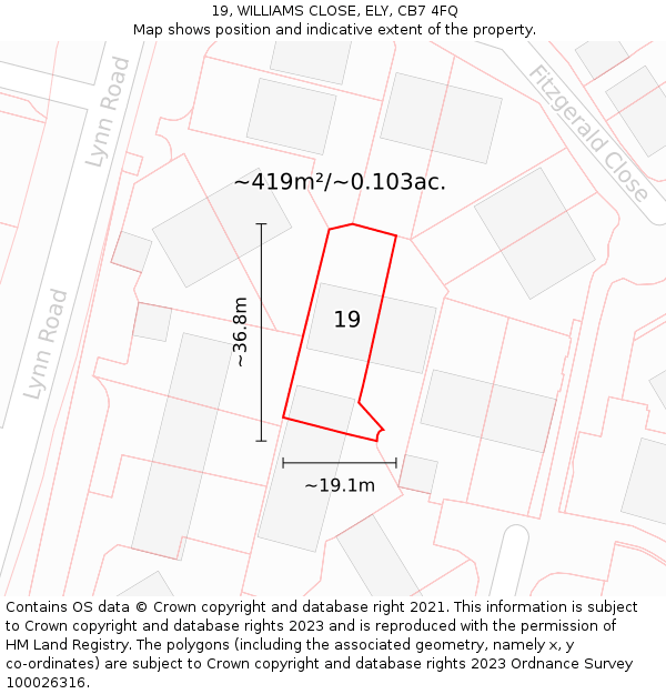 19, WILLIAMS CLOSE, ELY, CB7 4FQ: Plot and title map