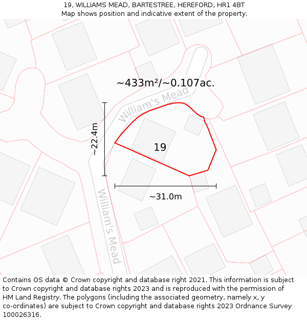 19, WILLIAMS MEAD, BARTESTREE, HEREFORD, HR1 4BT: Plot and title map