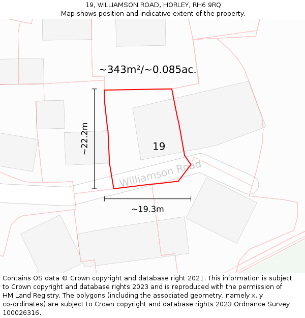 19, WILLIAMSON ROAD, HORLEY, RH6 9RQ: Plot and title map