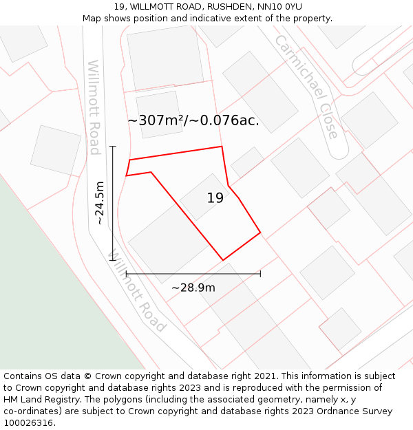 19, WILLMOTT ROAD, RUSHDEN, NN10 0YU: Plot and title map