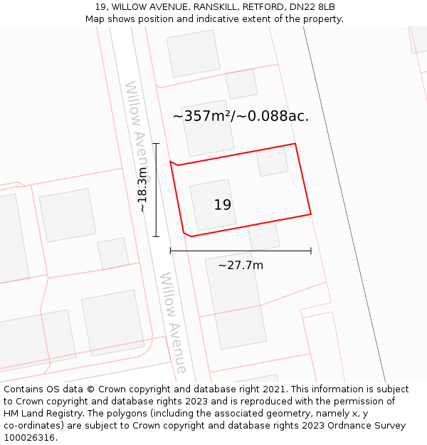 19, WILLOW AVENUE, RANSKILL, RETFORD, DN22 8LB: Plot and title map