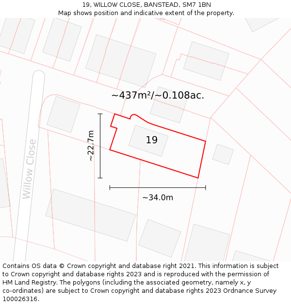 19, WILLOW CLOSE, BANSTEAD, SM7 1BN: Plot and title map