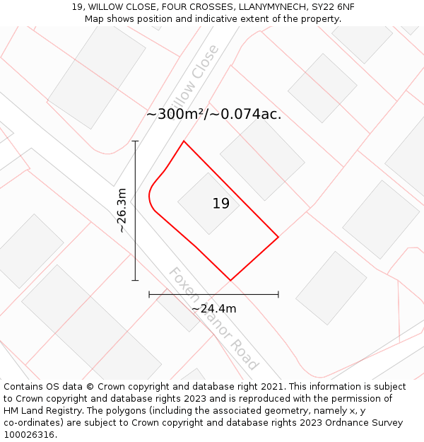 19, WILLOW CLOSE, FOUR CROSSES, LLANYMYNECH, SY22 6NF: Plot and title map