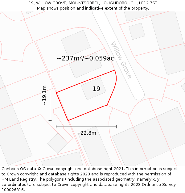 19, WILLOW GROVE, MOUNTSORREL, LOUGHBOROUGH, LE12 7ST: Plot and title map