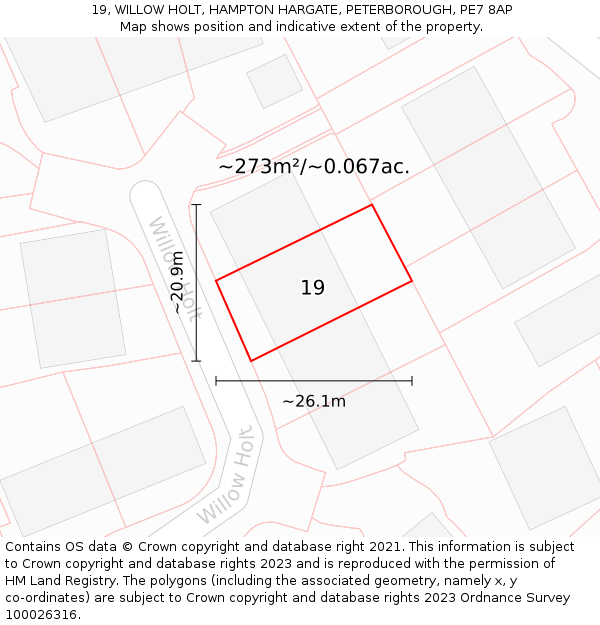 19, WILLOW HOLT, HAMPTON HARGATE, PETERBOROUGH, PE7 8AP: Plot and title map