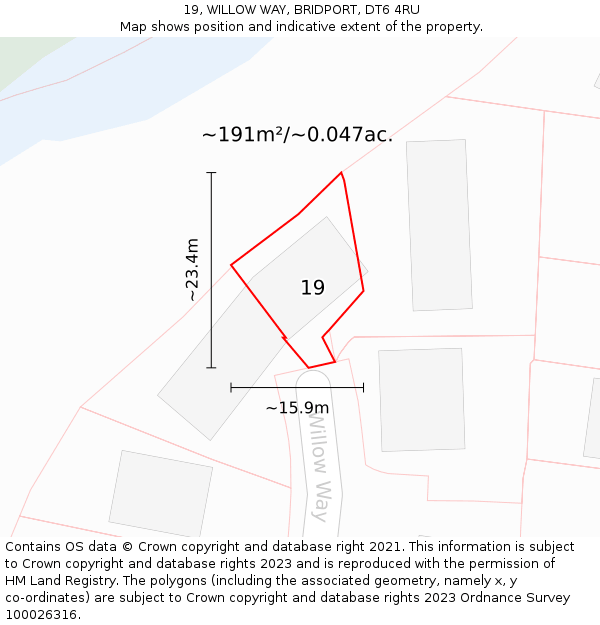 19, WILLOW WAY, BRIDPORT, DT6 4RU: Plot and title map