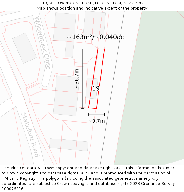 19, WILLOWBROOK CLOSE, BEDLINGTON, NE22 7BU: Plot and title map