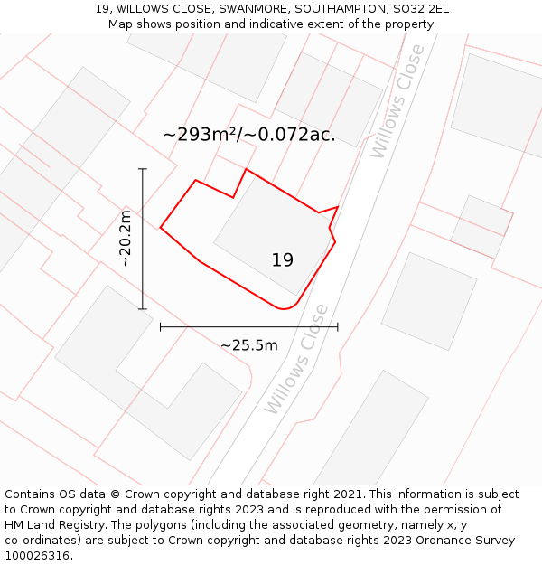 19, WILLOWS CLOSE, SWANMORE, SOUTHAMPTON, SO32 2EL: Plot and title map