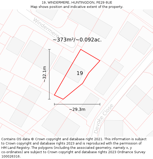19, WINDERMERE, HUNTINGDON, PE29 6UE: Plot and title map