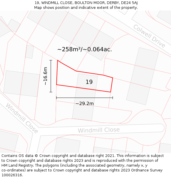 19, WINDMILL CLOSE, BOULTON MOOR, DERBY, DE24 5AJ: Plot and title map