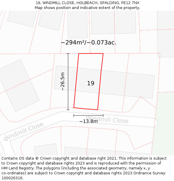 19, WINDMILL CLOSE, HOLBEACH, SPALDING, PE12 7NX: Plot and title map
