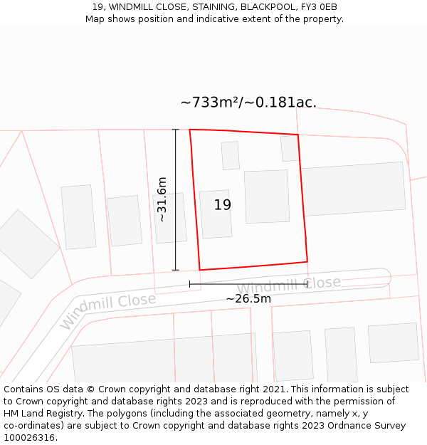 19, WINDMILL CLOSE, STAINING, BLACKPOOL, FY3 0EB: Plot and title map