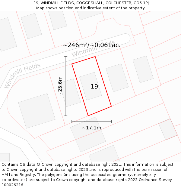19, WINDMILL FIELDS, COGGESHALL, COLCHESTER, CO6 1PJ: Plot and title map