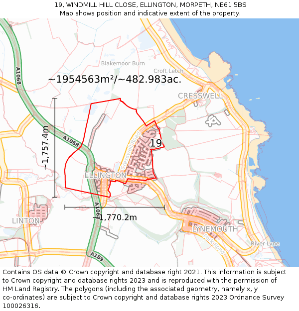 19, WINDMILL HILL CLOSE, ELLINGTON, MORPETH, NE61 5BS: Plot and title map