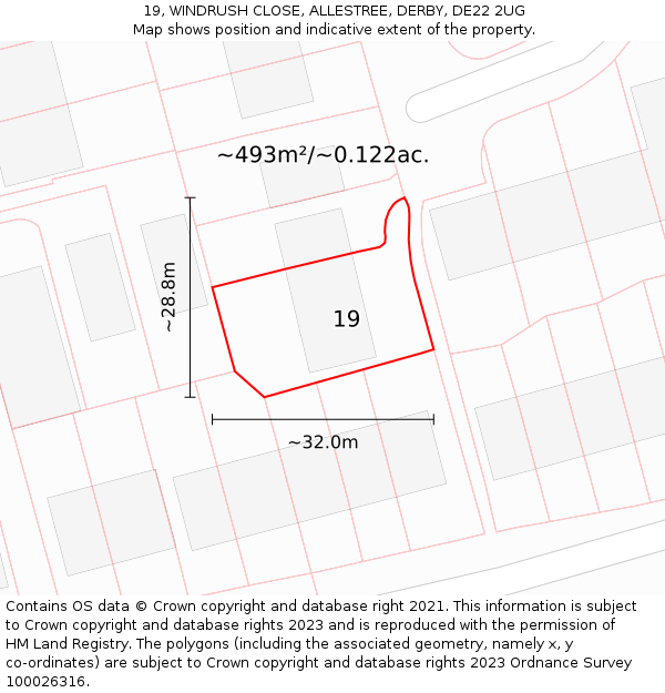 19, WINDRUSH CLOSE, ALLESTREE, DERBY, DE22 2UG: Plot and title map