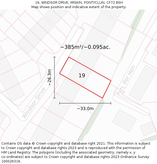 19, WINDSOR DRIVE, MISKIN, PONTYCLUN, CF72 8SH: Plot and title map