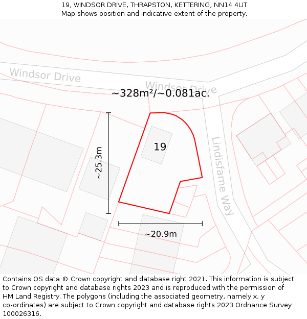 19, WINDSOR DRIVE, THRAPSTON, KETTERING, NN14 4UT: Plot and title map