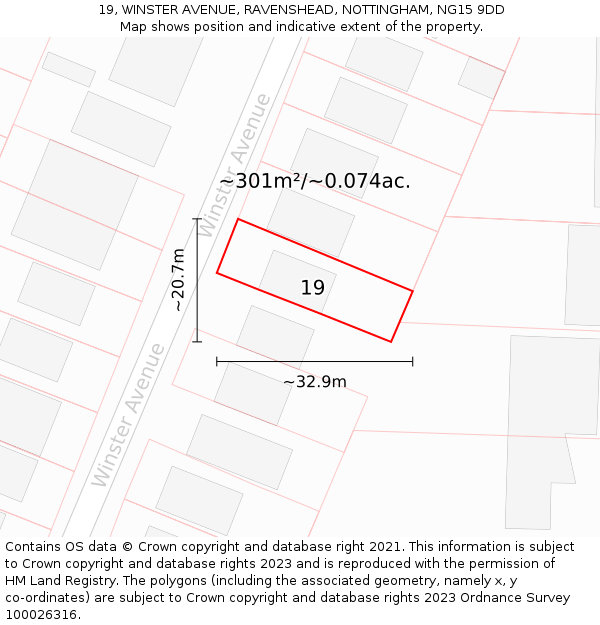 19, WINSTER AVENUE, RAVENSHEAD, NOTTINGHAM, NG15 9DD: Plot and title map