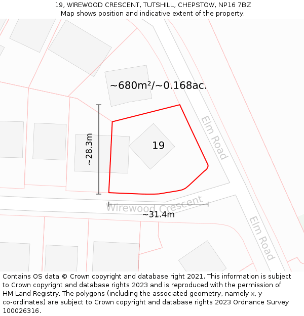 19, WIREWOOD CRESCENT, TUTSHILL, CHEPSTOW, NP16 7BZ: Plot and title map