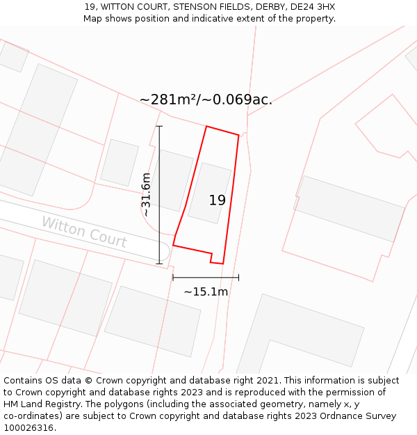 19, WITTON COURT, STENSON FIELDS, DERBY, DE24 3HX: Plot and title map