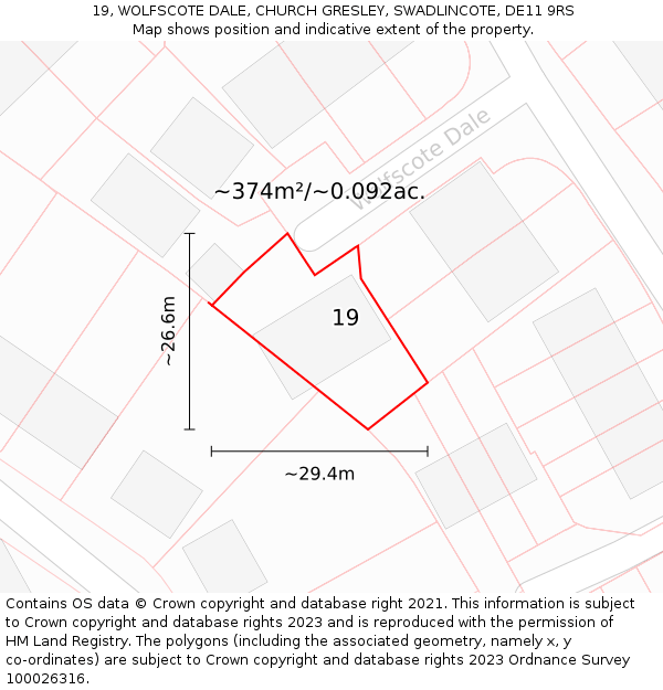 19, WOLFSCOTE DALE, CHURCH GRESLEY, SWADLINCOTE, DE11 9RS: Plot and title map
