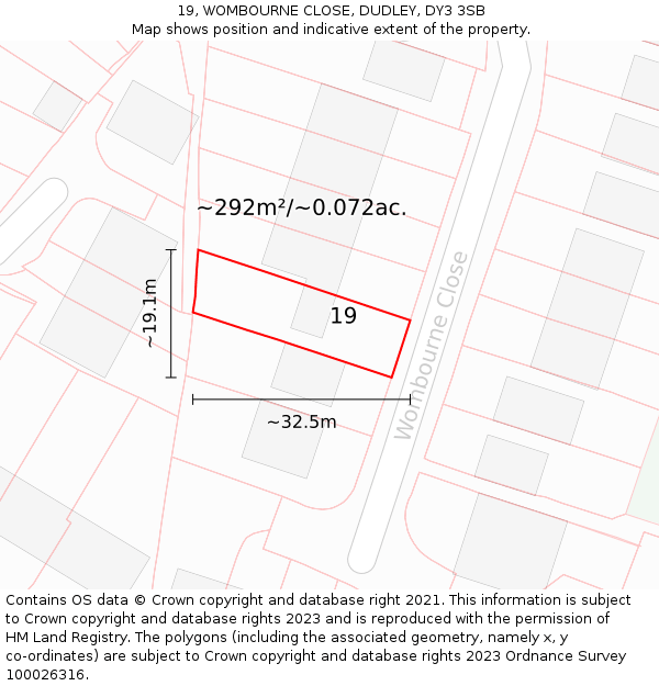 19, WOMBOURNE CLOSE, DUDLEY, DY3 3SB: Plot and title map