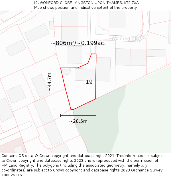 19, WONFORD CLOSE, KINGSTON UPON THAMES, KT2 7XA: Plot and title map
