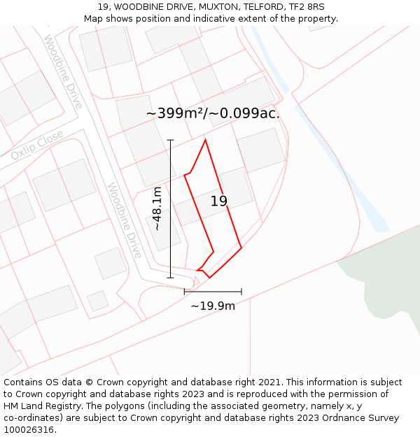 19, WOODBINE DRIVE, MUXTON, TELFORD, TF2 8RS: Plot and title map