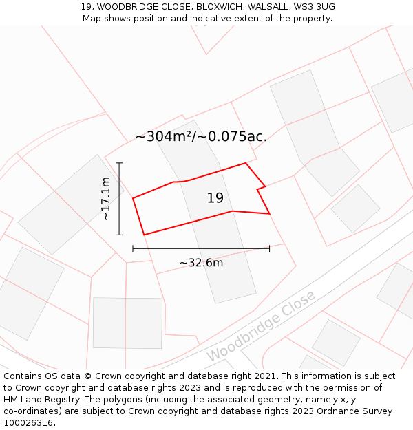 19, WOODBRIDGE CLOSE, BLOXWICH, WALSALL, WS3 3UG: Plot and title map
