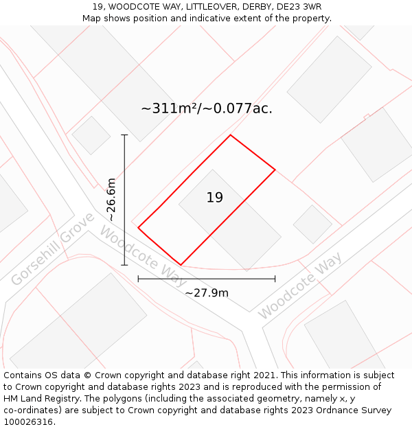 19, WOODCOTE WAY, LITTLEOVER, DERBY, DE23 3WR: Plot and title map