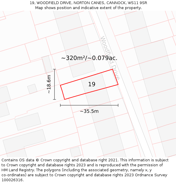 19, WOODFIELD DRIVE, NORTON CANES, CANNOCK, WS11 9SR: Plot and title map