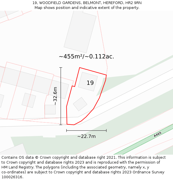 19, WOODFIELD GARDENS, BELMONT, HEREFORD, HR2 9RN: Plot and title map