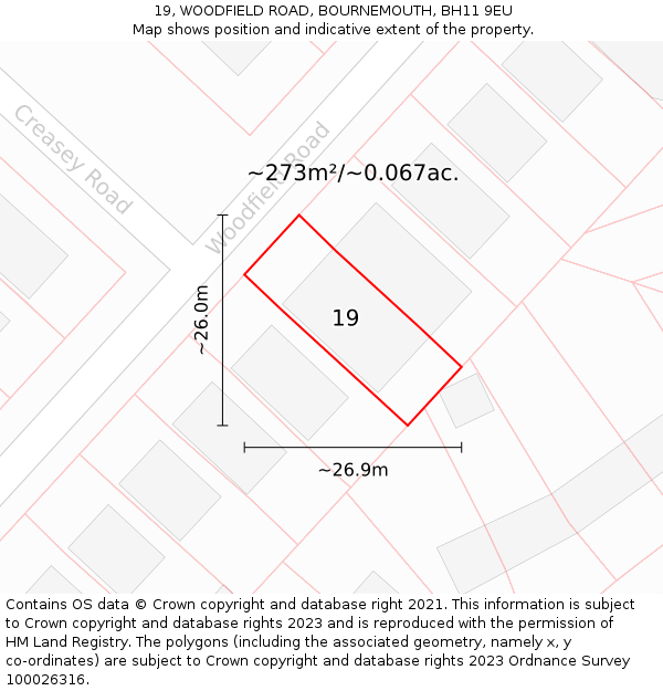 19, WOODFIELD ROAD, BOURNEMOUTH, BH11 9EU: Plot and title map