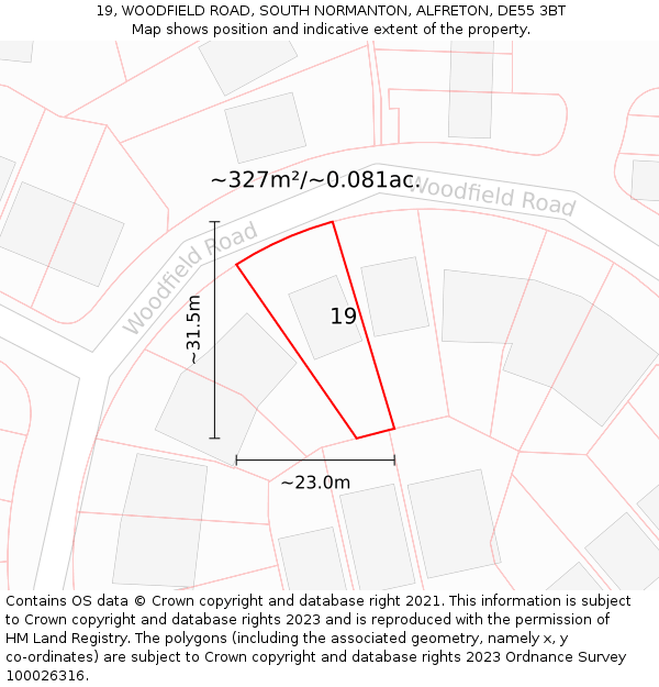 19, WOODFIELD ROAD, SOUTH NORMANTON, ALFRETON, DE55 3BT: Plot and title map