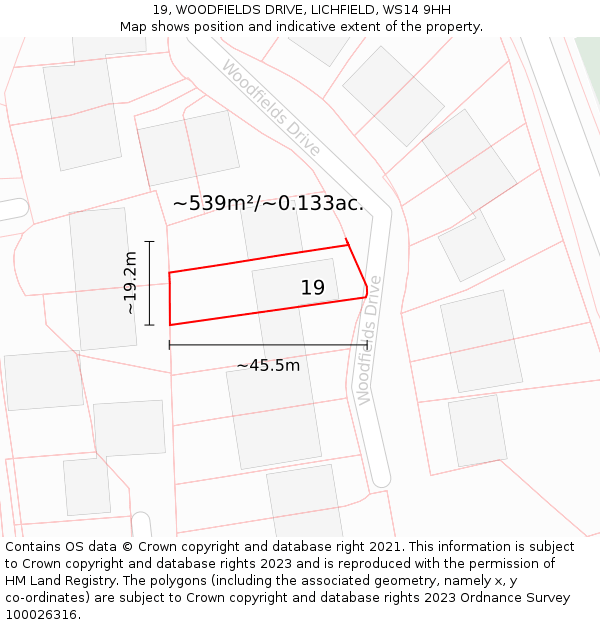 19, WOODFIELDS DRIVE, LICHFIELD, WS14 9HH: Plot and title map