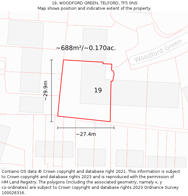 19, WOODFORD GREEN, TELFORD, TF5 0NS: Plot and title map
