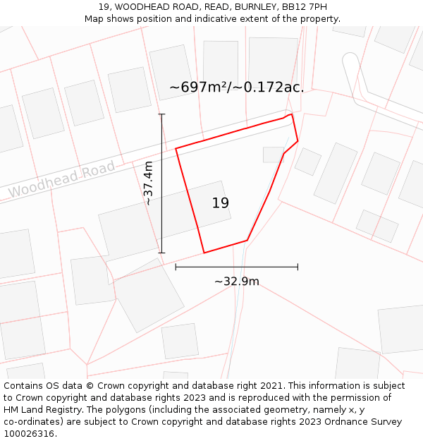 19, WOODHEAD ROAD, READ, BURNLEY, BB12 7PH: Plot and title map