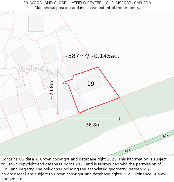 19, WOODLAND CLOSE, HATFIELD PEVEREL, CHELMSFORD, CM3 2DA: Plot and title map