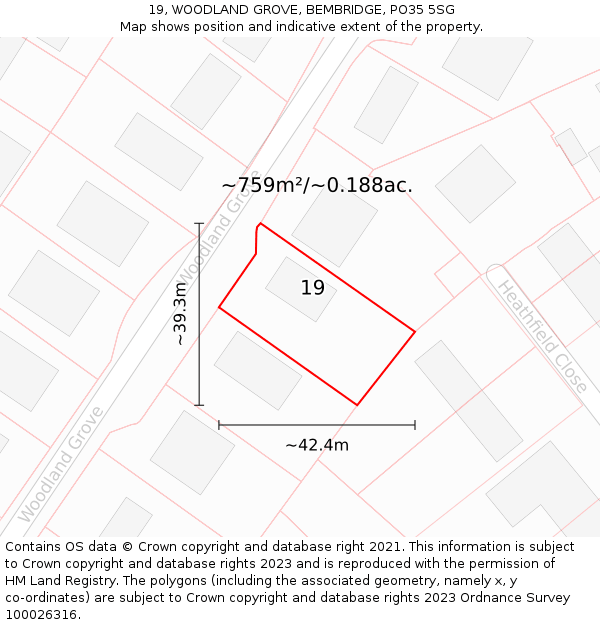 19, WOODLAND GROVE, BEMBRIDGE, PO35 5SG: Plot and title map