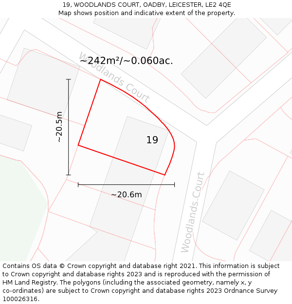 19, WOODLANDS COURT, OADBY, LEICESTER, LE2 4QE: Plot and title map