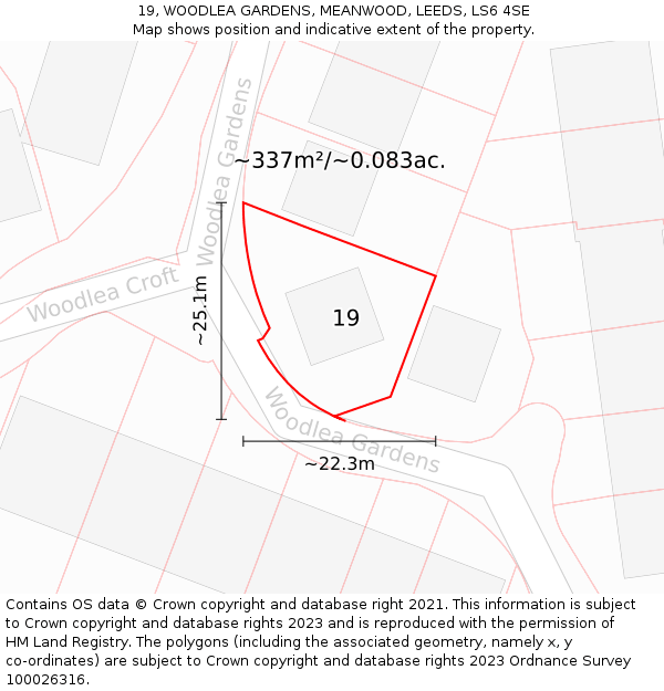 19, WOODLEA GARDENS, MEANWOOD, LEEDS, LS6 4SE: Plot and title map