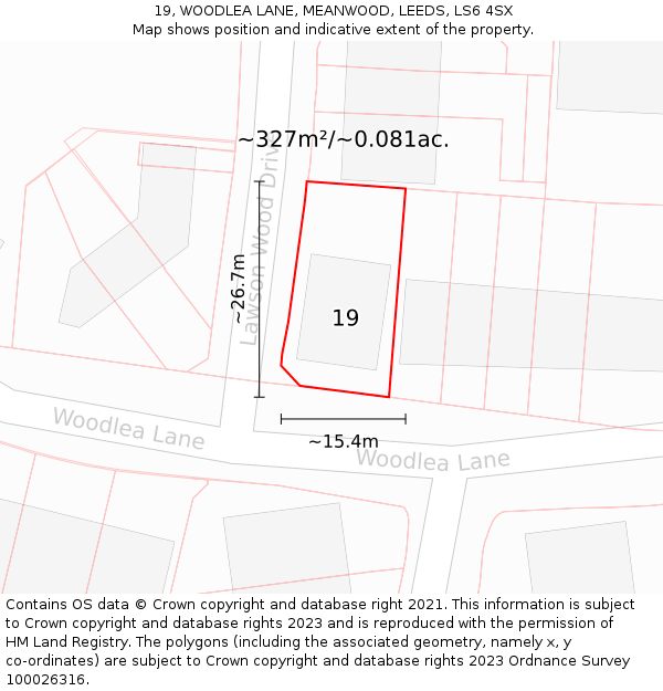 19, WOODLEA LANE, MEANWOOD, LEEDS, LS6 4SX: Plot and title map