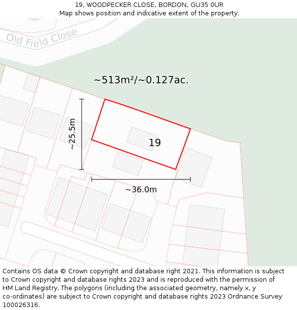 19, WOODPECKER CLOSE, BORDON, GU35 0UR: Plot and title map