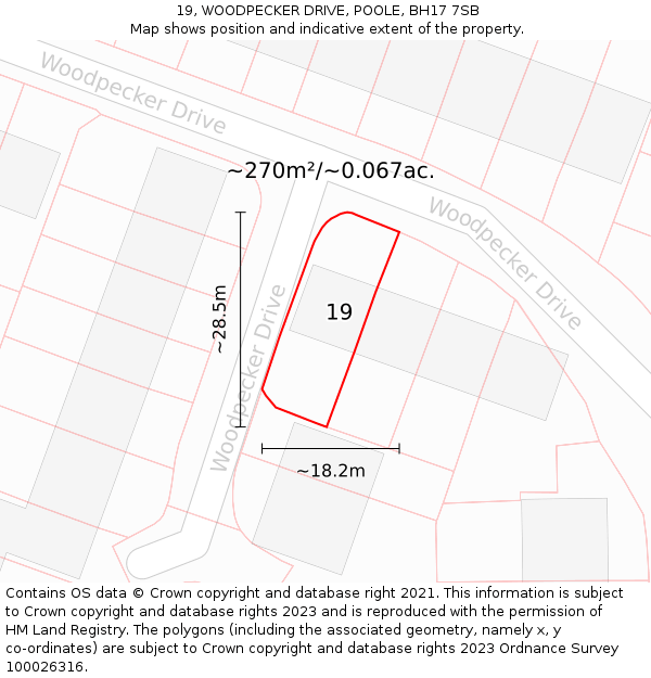 19, WOODPECKER DRIVE, POOLE, BH17 7SB: Plot and title map